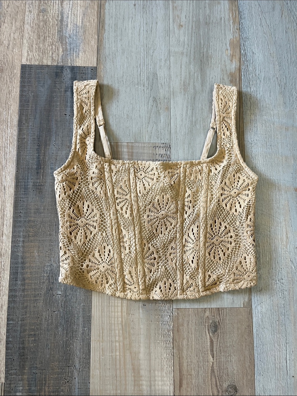 American Eagle Outfitters Cream Crochet Square-Neck Cropped Top Sz M Boho Corset